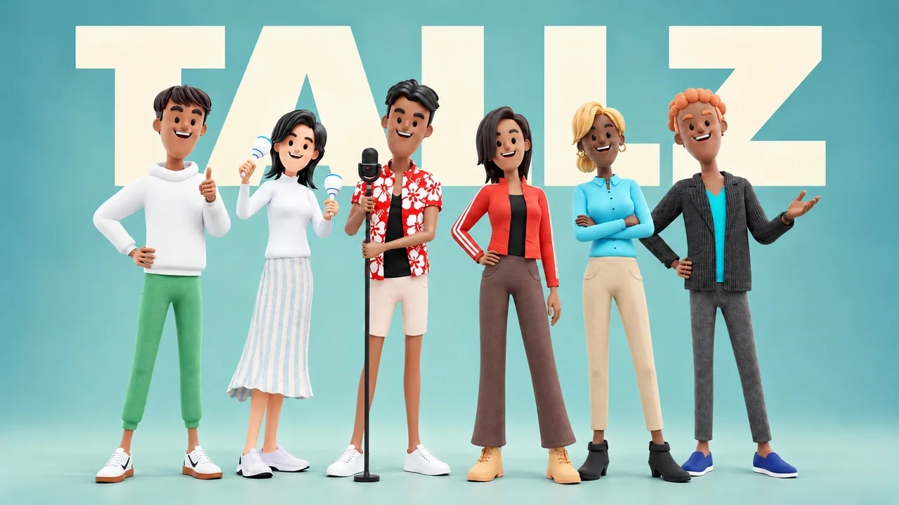 TALLZ: six stylized tall characters in different outfits on a teal background