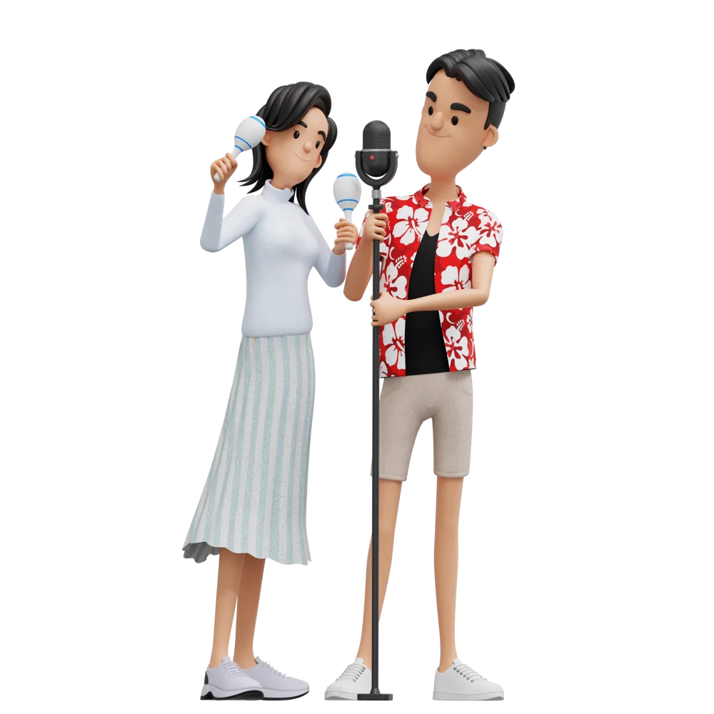 Original Tallz male and female characters with a microphone and maracas