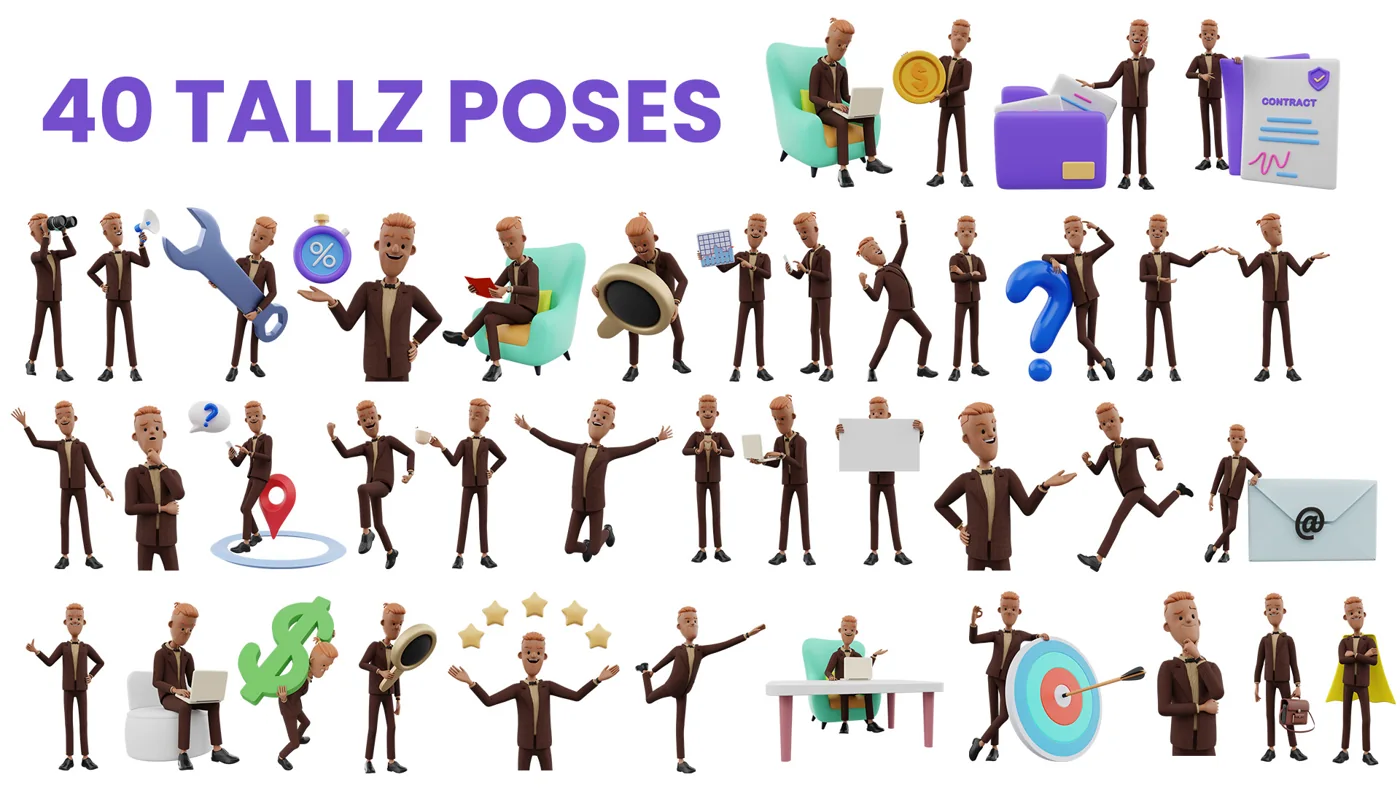 Tallz library of 40 character poses with different clothing and props