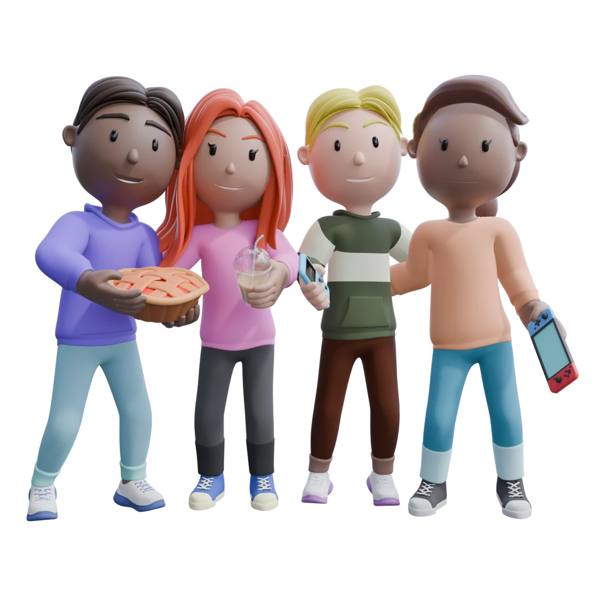 Four original Teenz characters with different skin tones, hairstyles, outfits and props